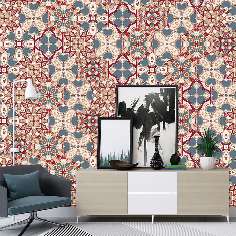 Bohemian Tiles Blossom Wallpaper Panel Orange-Blue Self Stick Wall Art for Living Room