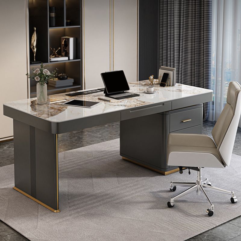 Dark Taupe Writing Desk Drawers Storage Glam Office Desk with Built in Outlets