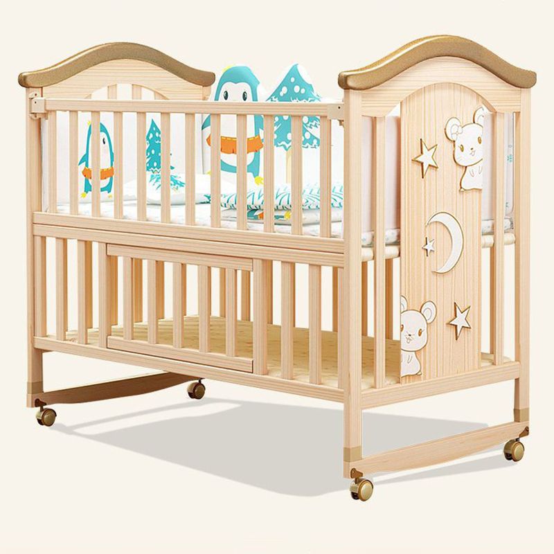 Baby Crib 4-in-1 Convertible Crib Nursery Bed with Guardrail and Casters