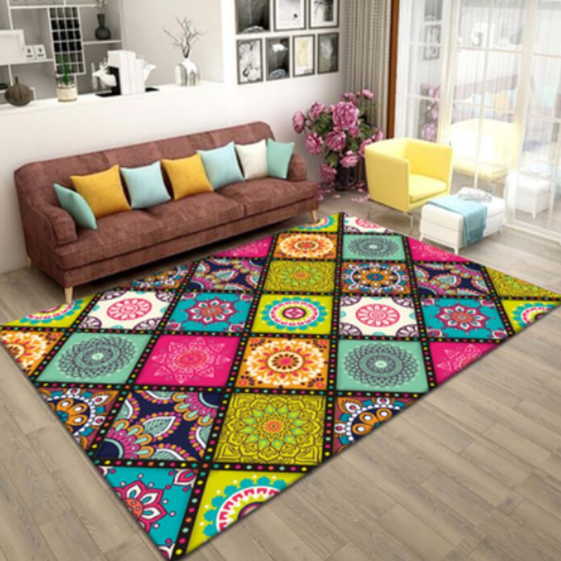 Multicolor Moroccan Tile Rug Polyester Antique Carpet Non-Slip Backing Indoor Rug for Home Decor