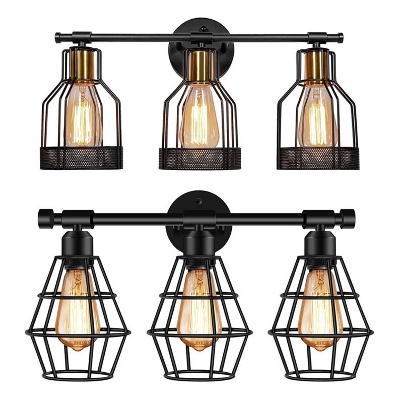 Cage Shade Vanity Wall Light Retro Industrial Style Metal 3 Light Vanity Light