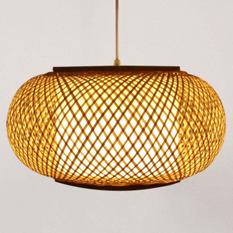 Asian Style Hanging Light 1-Light Hand Weaving Drum Shaped Pendant Lamp for Bedroom