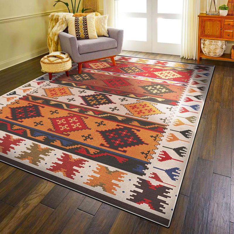 Red Southwestern Rug Polypropylene Geometric Pattern Area Carpet Non-Slip Backing Machine Washable Easy Care Indoor Rug for Parlor