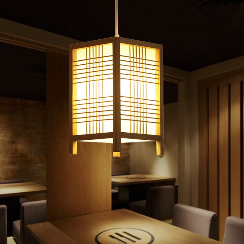 6"/8.5" Wide Wooden Square Hanging Lantern Light Japanese 1-Light Natural Wood Pendant Lamp for Foyer Dining Room