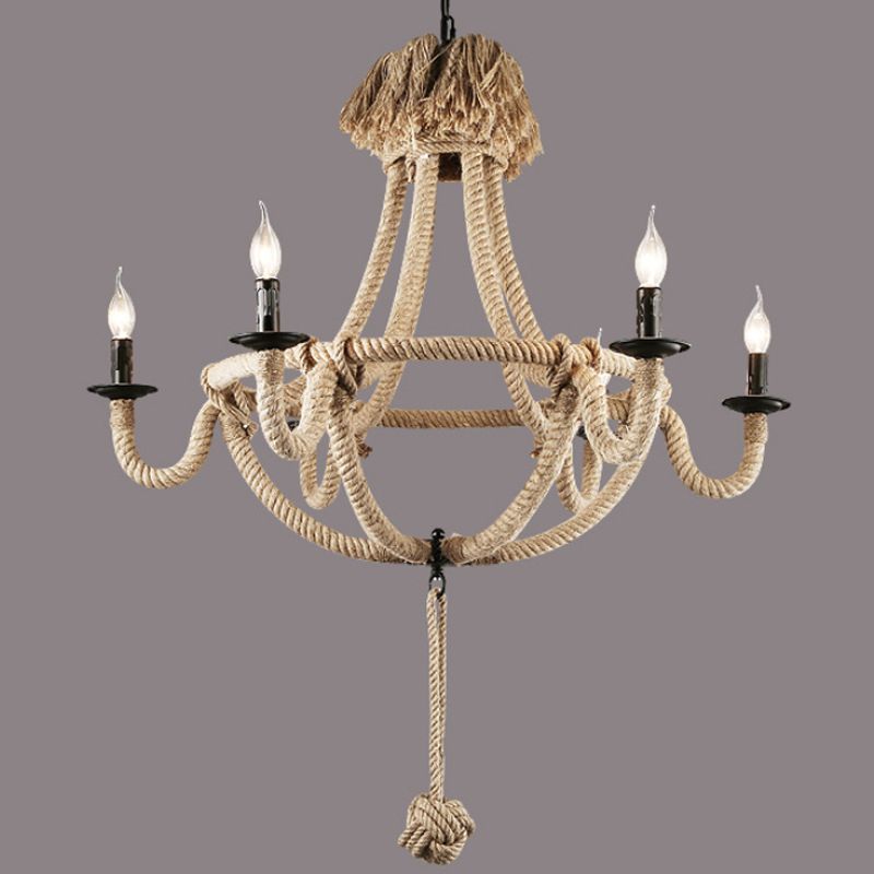 Candle Rope Light Chandelier Rustic Style 3/6 Lights Dining Room Pendant Lighting in Beige