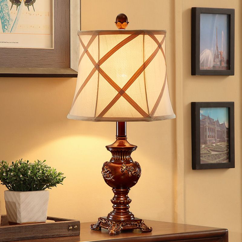 Brown Urn Base Desk Light Vintage Style Resin 1 Head Table Lamp with Fabric Shade