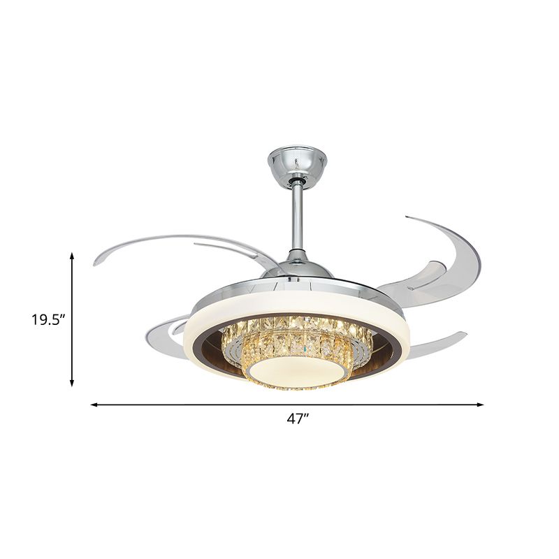 47" Wide 4 Blades Chrome LED Fan Lamp Contemporary Crystal 2-Tier Semi Flush Mount Ceiling Fixture