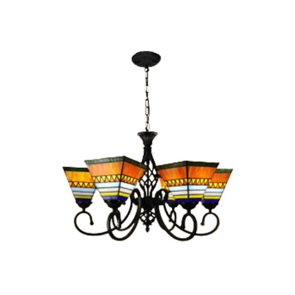 Stained Glass Craftsman Chandelier Living Room Multi-Head Traditional Tiffany Hanging Light in Orange