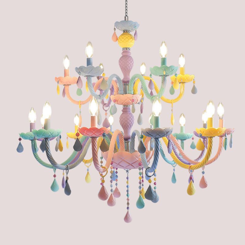 Pink Candle Style Hanging Light Kids Multicolored Glass Chandelier for Baby Room