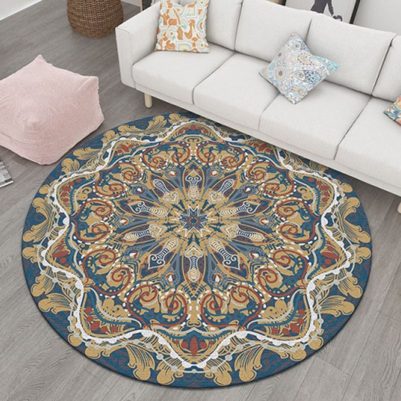 Blue Living Room Area Carpet Bohemian Americana Pattern Rug Polyester Stain Resistant Area Rug