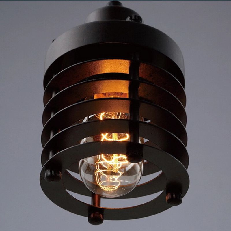 Black Flat Iron Cage Single Bulb Hanging Light Vintage Industrial Style Pendant Lamp