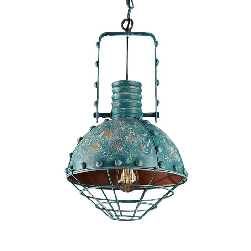 Wire Cage Metallic Down Lighting Rustic 1 Bulb Dining Room Handle Drop Pendant Lamp in Blue-Green