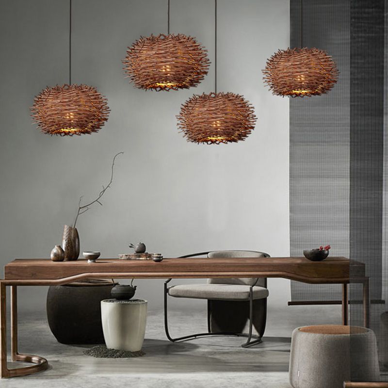 Nid d'oiseau contemporain Light Light Roard Rattan Single Restaurant Suspension Light in Wood