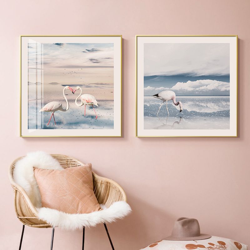 Sea and Flamingo Scenery Painting Tropical Style Canvas Wall Print, Multiple Sizes