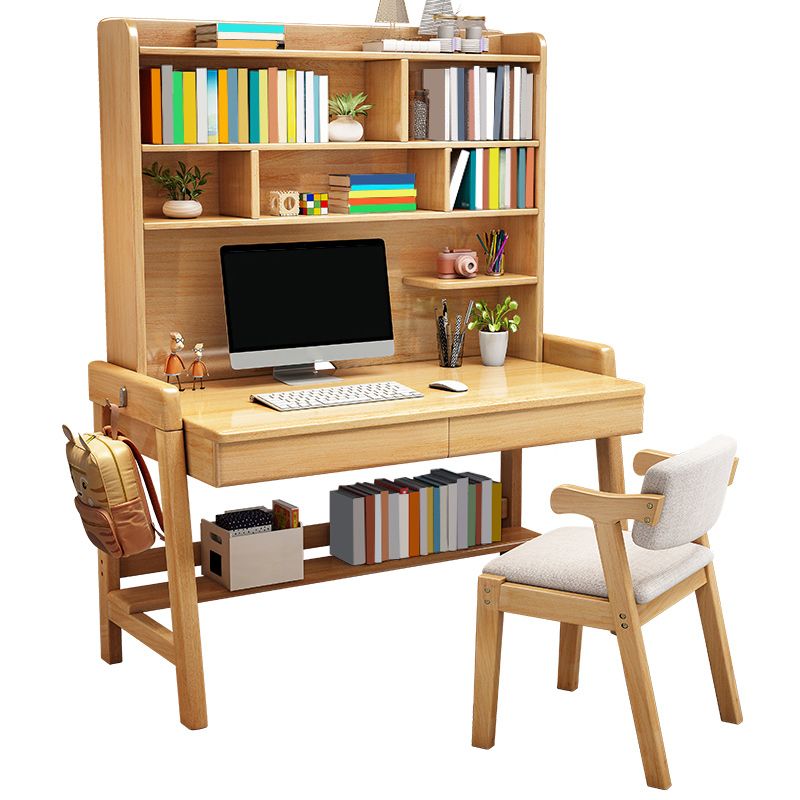 Solid Wood Study Desk with Storage Drawer with Storage Shelves Student Table