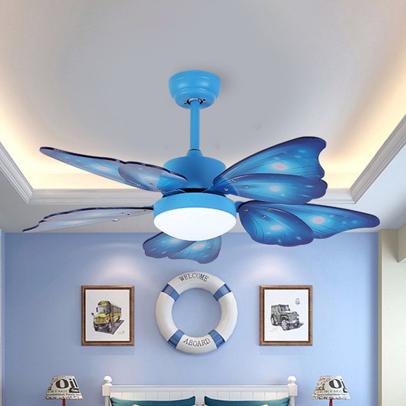 LED Acrylic Semi Flush Mount Kids Pink/Blue 5 Butterfly Wing Blades Bedroom Hanging Fan Light with Wall/Remote Control, 42" Wide