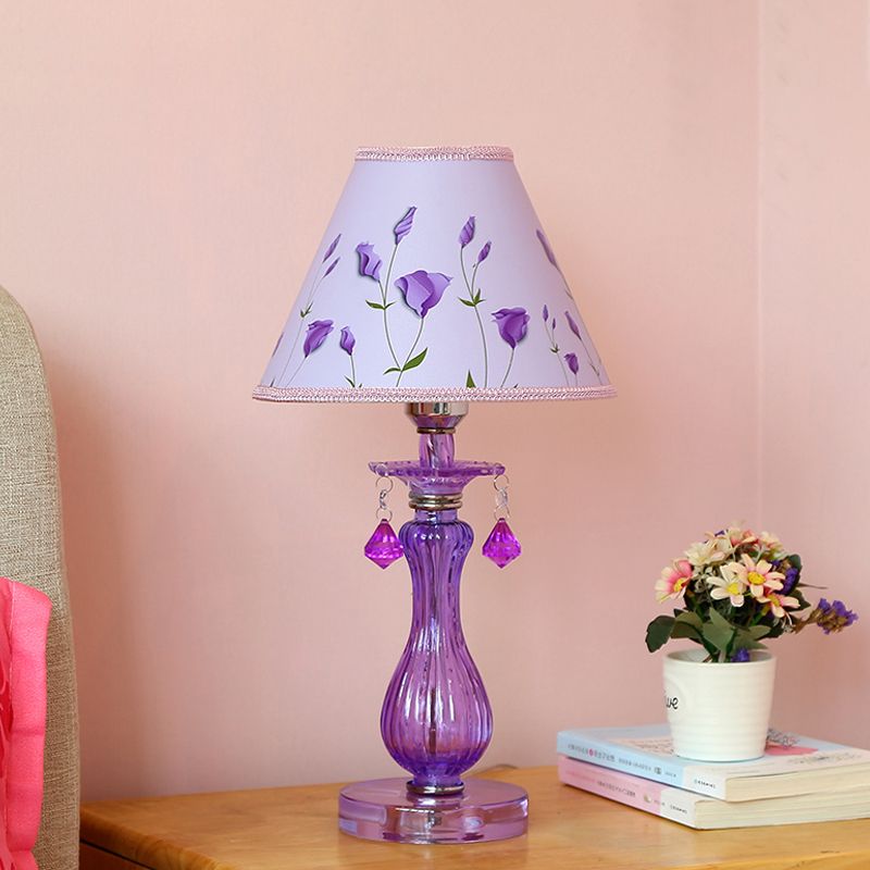 Romantic Pastoral 1 Light Night Lamp Purple Cone/Scalloped Nightstand Light with Fabric Shade and Crystal Accent