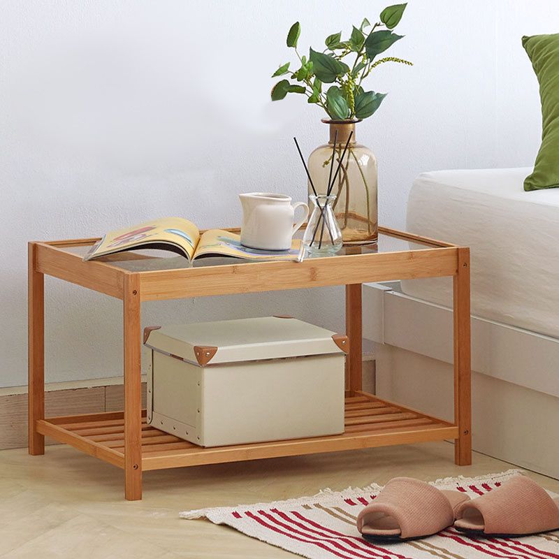 Modern Glass Top Night Table Open Storage Bamboo Bed Nightstand with Legs