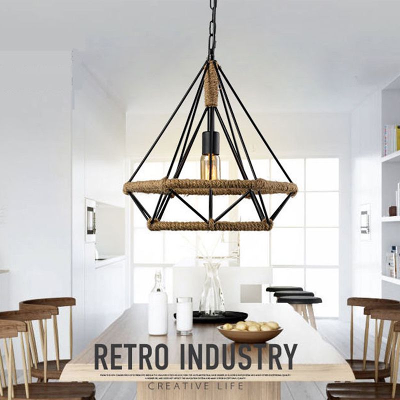 Rope Diamond Pendant Light Fixture Industrial Restaurant Pendant Light Kit in Beige