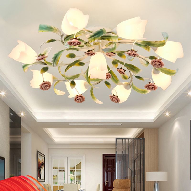 Floral Bedroom Ceiling Mount Chandelier Pastoral Frost Glass White Semi Flush Mount Lighting