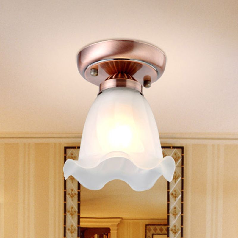 1 Bulb Flush Mount Light Retro Flower Shade White Frosted Glass Semi Flush Ceiling Light