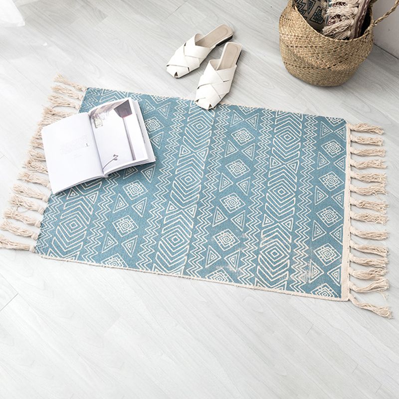 Beige Bohemian Rug Cotton Ethnic Pattern Carpet Fringe Indoor Rug for Home Decoration