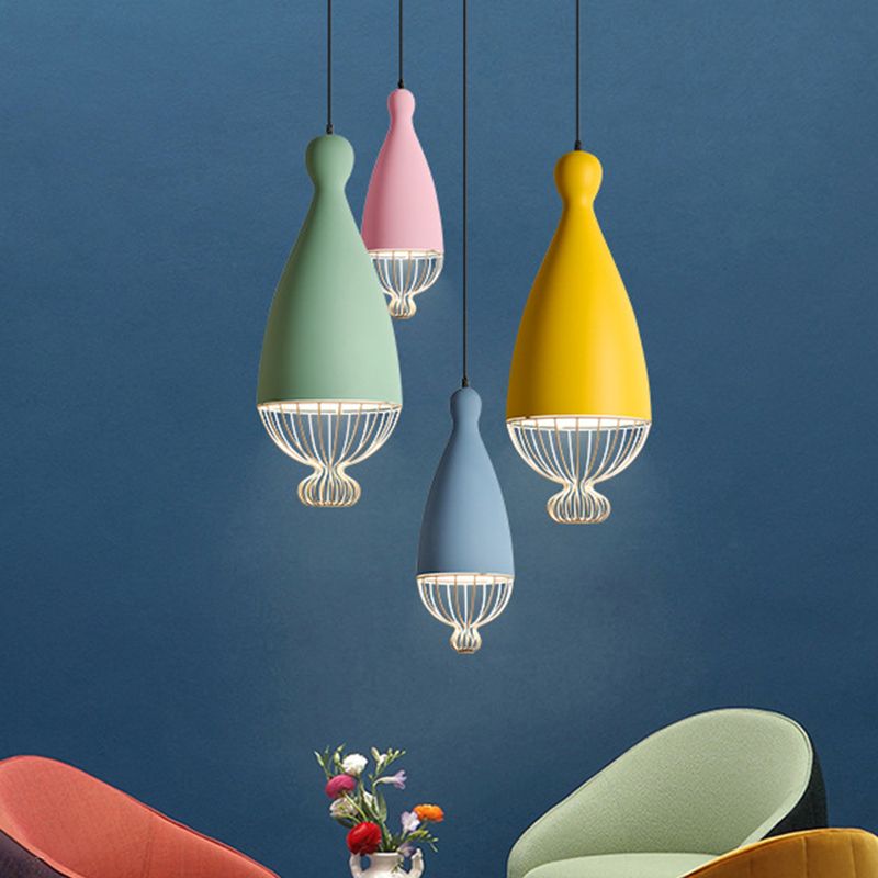 Inverted Balloon Aluminum Pendant Light Macaron 1 Head Grey/Pink/Blue Suspension Lighting with Wire Cage