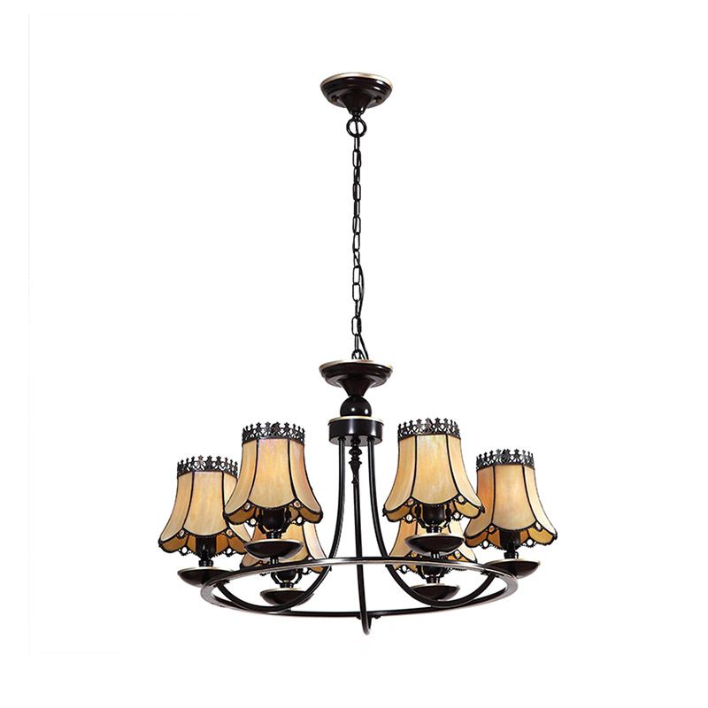 Vintage Style Ring Pendant Light with Tapered Shade Glass 6 Lights Yellow Chandelier for Hotel