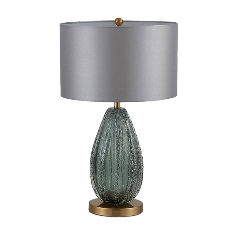 Blue Seeded Glass Ellipse Night Lamp Modern 1 Head Grey Table Light with Drum Fabric Shade, 12"/15" W