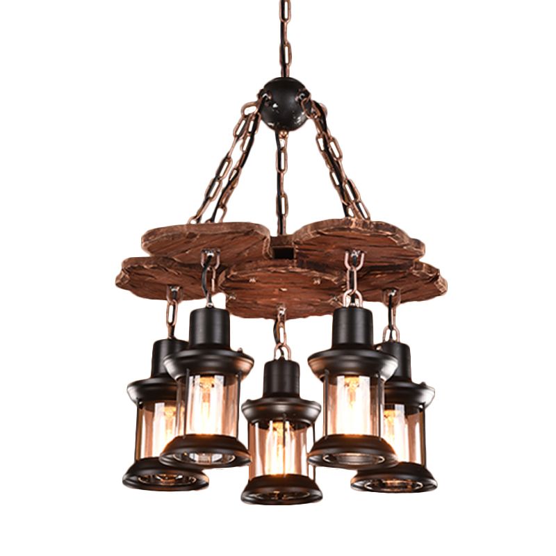 5 Lights Chandelier Light Fixture Farm Dining Room Wood Pendant with Lantern Clear Glass Shade in Black