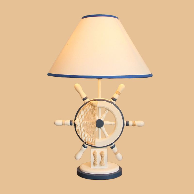 Resin Rudder Base Desk Lamp Children Single Bulb Blue Night Light with Cone White Fabric Shade