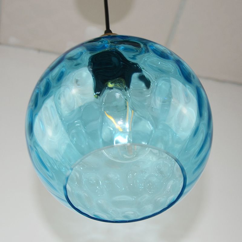 Blue 1 Light Spherical Pendant Lamp Vintage Industrial Ripple Glass Hanging Lamp for Living Room