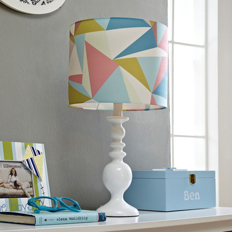 Drum Shade Night Table Light Kids Fabric 1 Head Pink/Blue Nightstand Lamp with Geometric Pattern