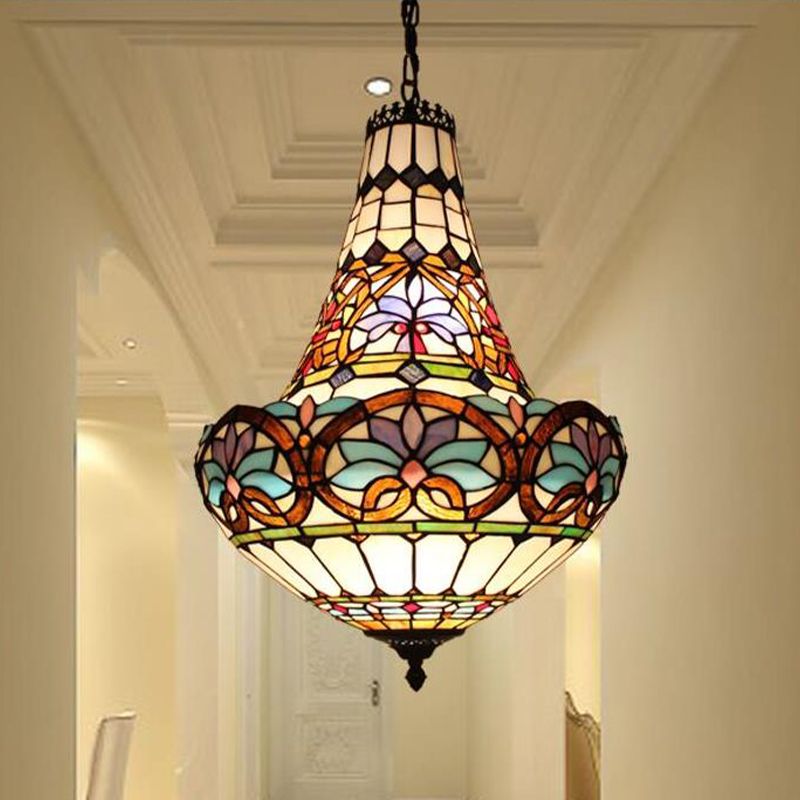 12"/16" Wide Antique Bronze Flower Chandelier Light Fixture Tiffany 3/5 Lights Stained Glass Ceiling Pendant