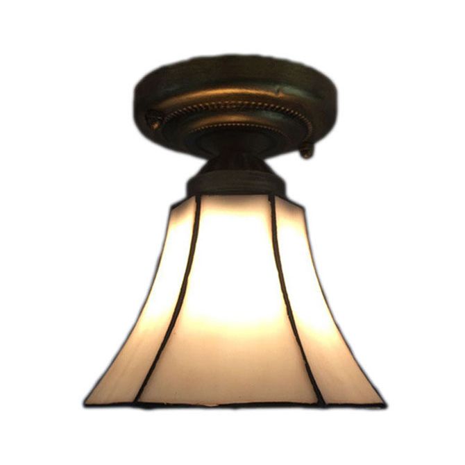 Stained Glass Conical Flush Light Tiffany 1 Light Flush Ceiling Light in White/Beige/Blue-White for Bedroom Lighting