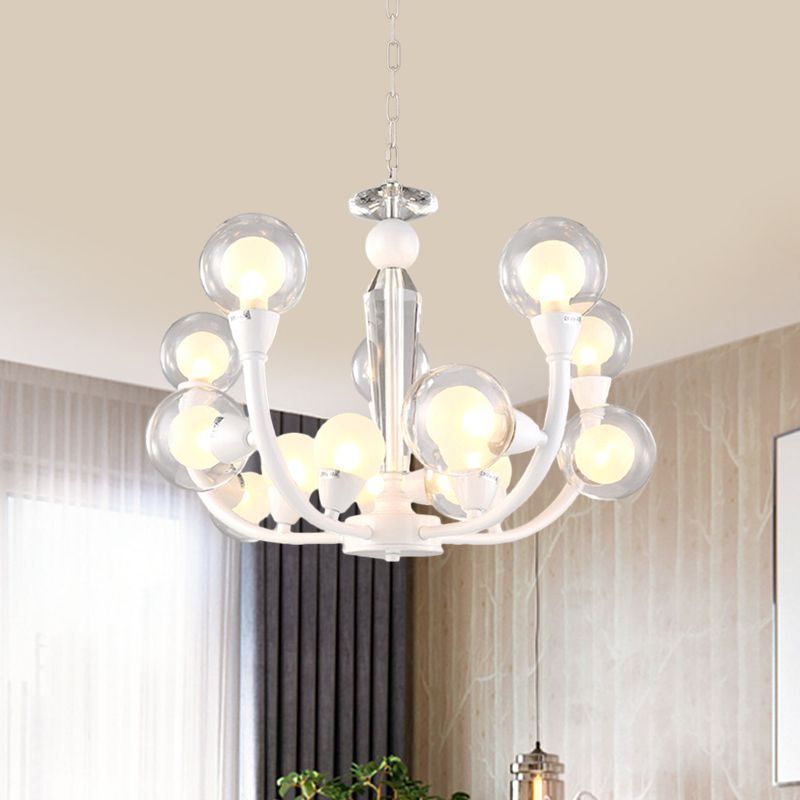 15/24-Light Lobby Ceiling Chandelier Modern White Hanging Lamp with Orb Clear and Frosted Glass Shade