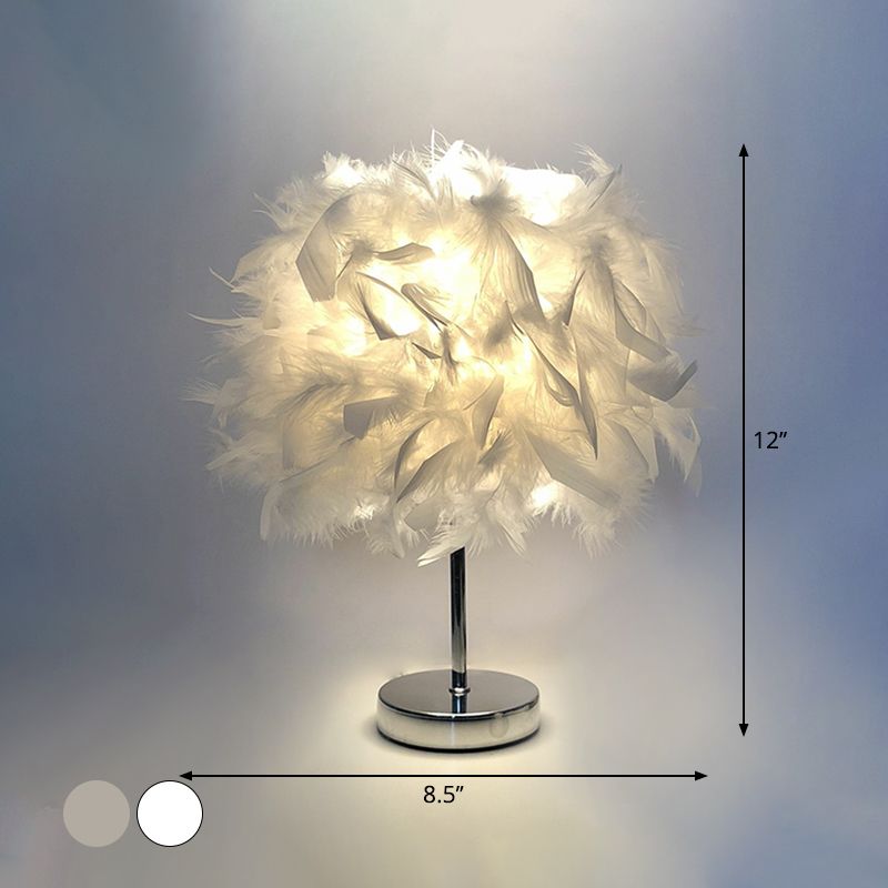 8.5"/10" Wide Ball Shaped Table Light Simple Feather Single Kids Room Night Stand Lamp in White/Chrome