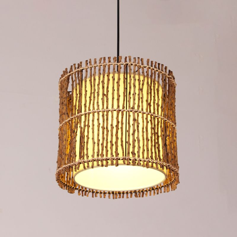 Cylinder Ceiling Light Asian Rattan 1 Head Khaki Pendant Lighting Fixture with Inner White Parchment Shade