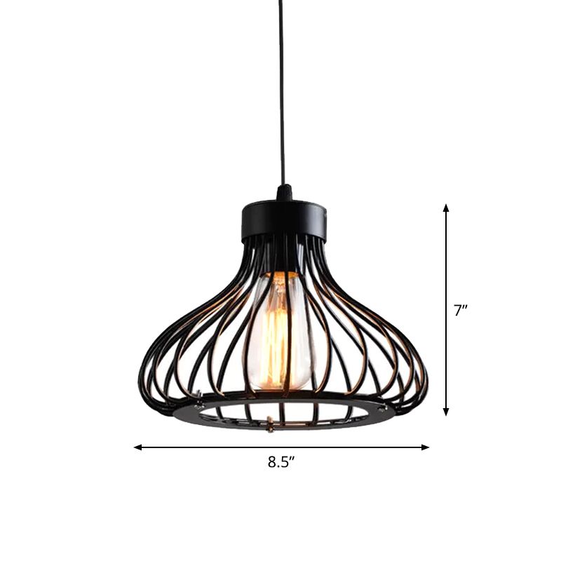 Rustic Cone/Oval/Globe Ceiling Hang Lamp 1 Light Iron Suspended Lighting Fixture in Black for Dining Room