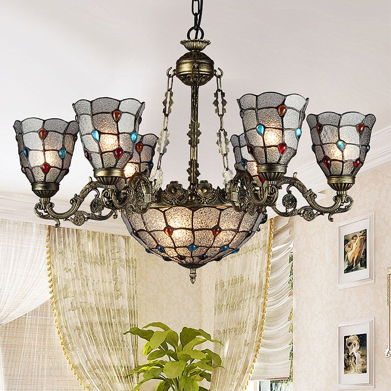 Verre en verre givré Strolling bras pendant lustre Tiffany Style 9/12 Lumières Bronze Hanging Lamp Kit pour le salon