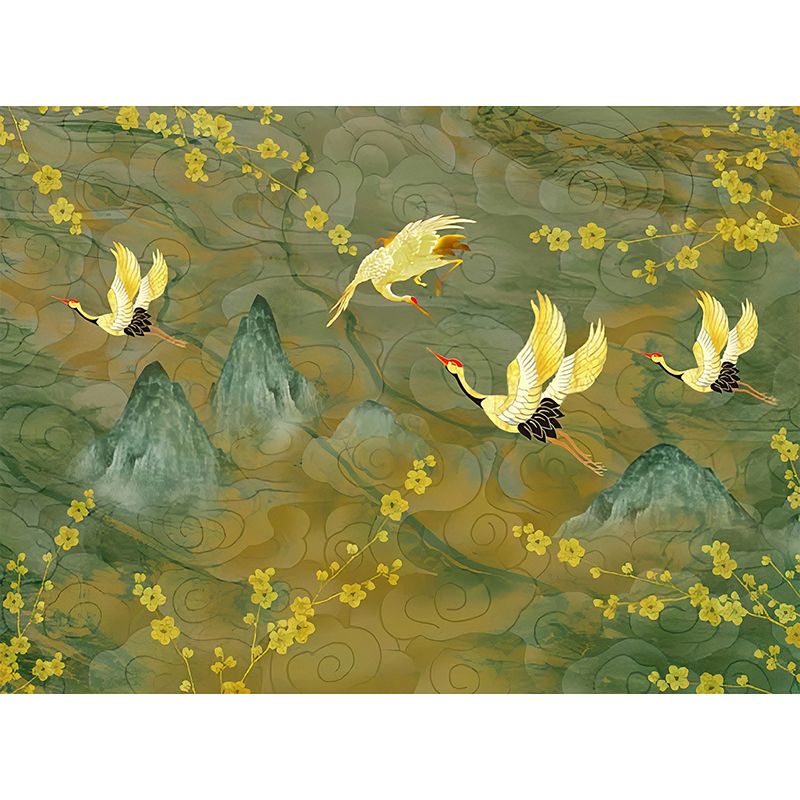 Big Mural with Plum Blossom and Crane Design Yellow and Green Non-Woven Wall Art for Home Decor, Made to Measure