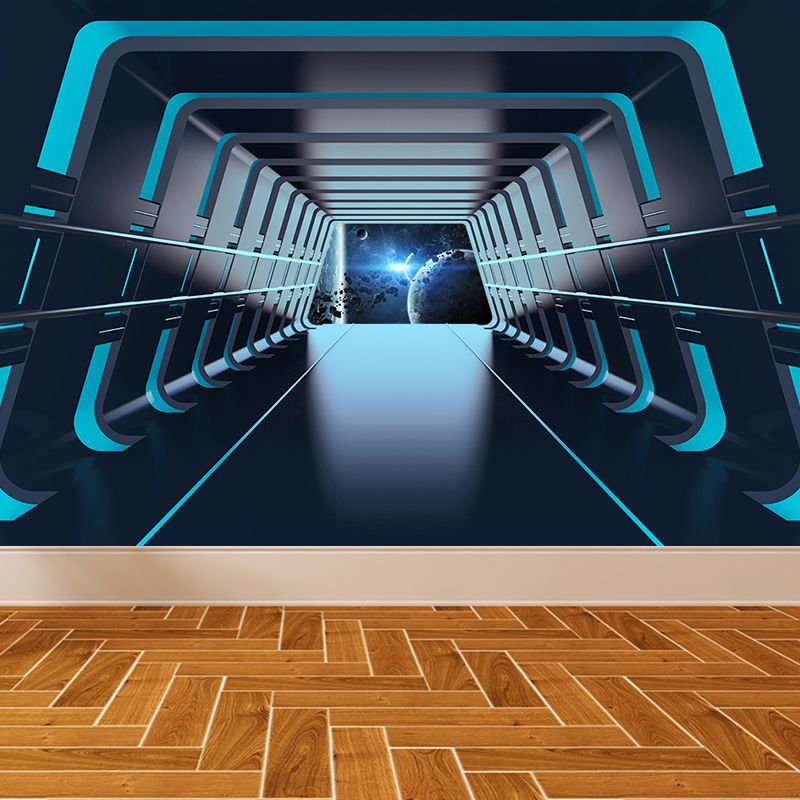 Futuristic Spaceship Hallway Mural Decal for Living Room Personalized Wall Art in Bright Color