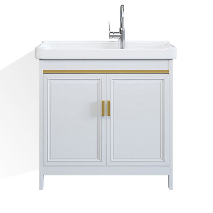 Freestanding Vanity Single Sink Metal Frame Rectangular White Mirror Vanity with Doors