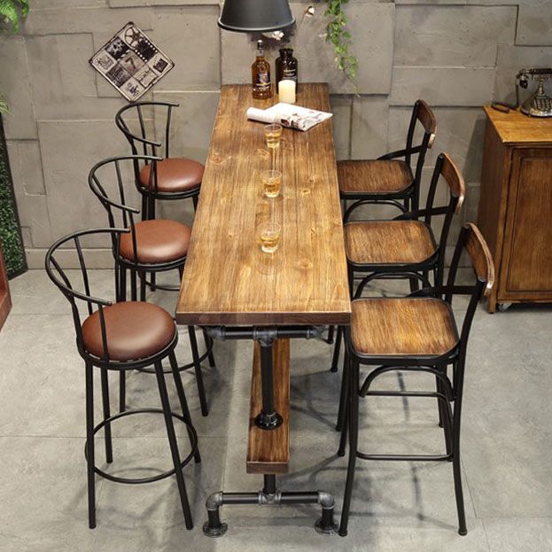 Pine Wood Top Rectangle Bar Table Industrial Bistro Table with Trestle Base