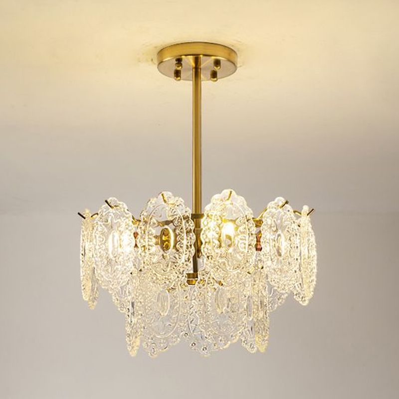 Layered Bedroom Chandelier Lamp Modern Clear Scalloped Glass 4/6 Bulbs Gold Hanging Light Fixture