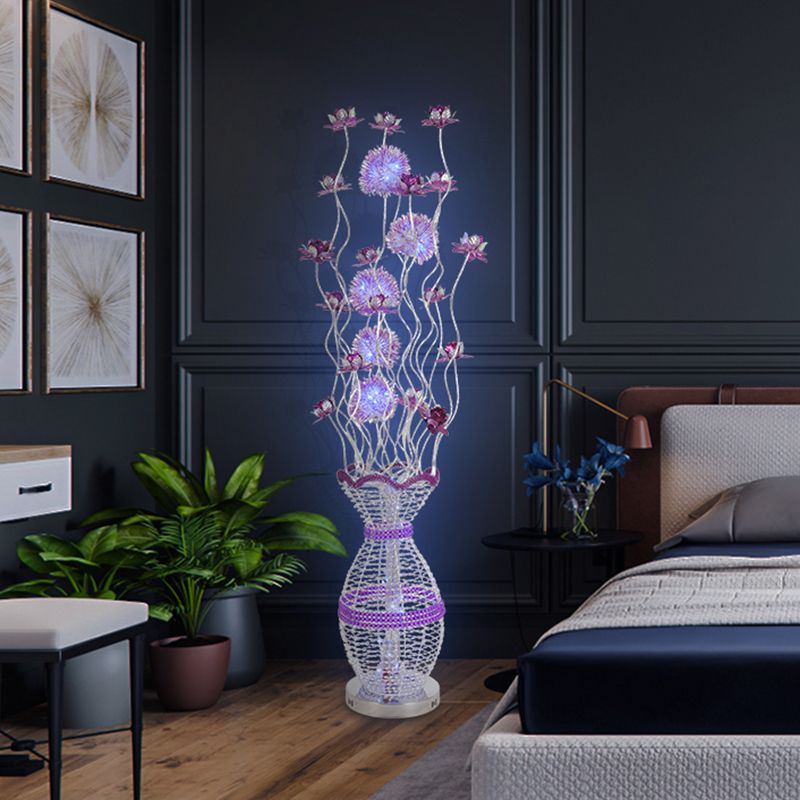 Metal Hollowed Urn Floor Lighting Art Decor LED Bedroom Reading Floor Lamp with Blossom Decor in Purple, Warm/White Light