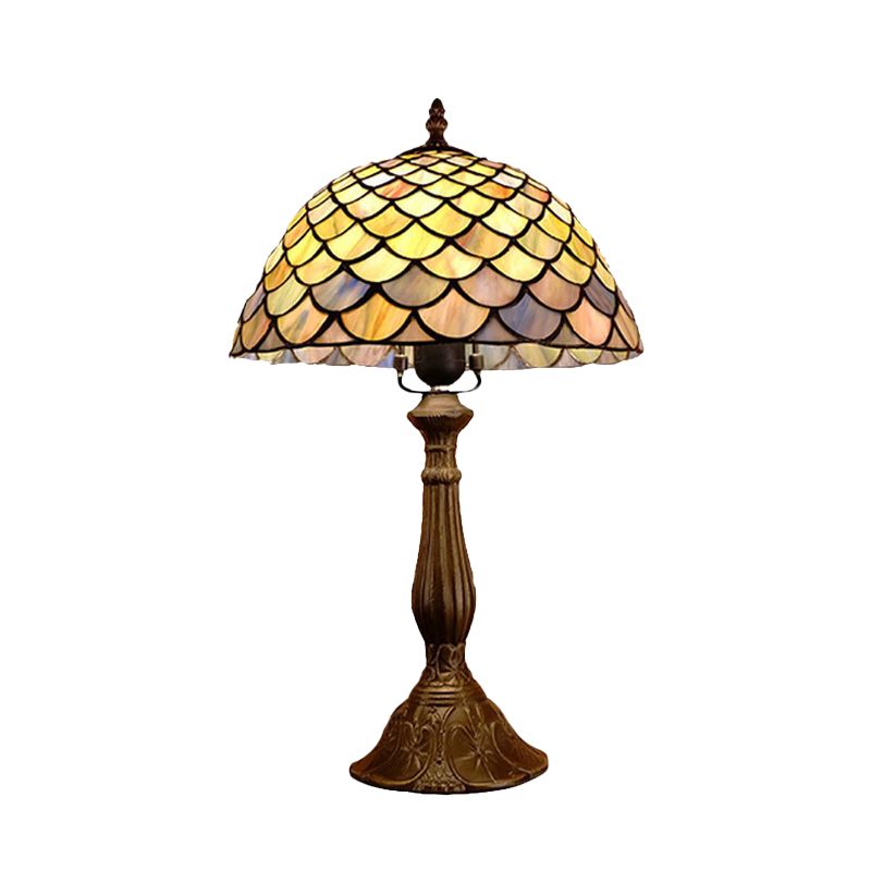 Hand Cut Glass Dome Nightstand Lamp Baroque 1 Head Bronze Table Lighting with Scale Pattern