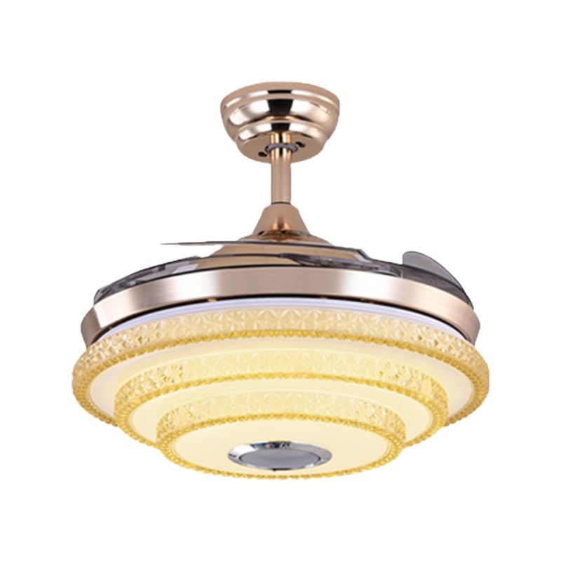 3-Layered Cone Semi-Flush Ceiling Light Modernism LED 4-Blade Crystal Hanging Fan Lamp in Gold, 19.5" Width