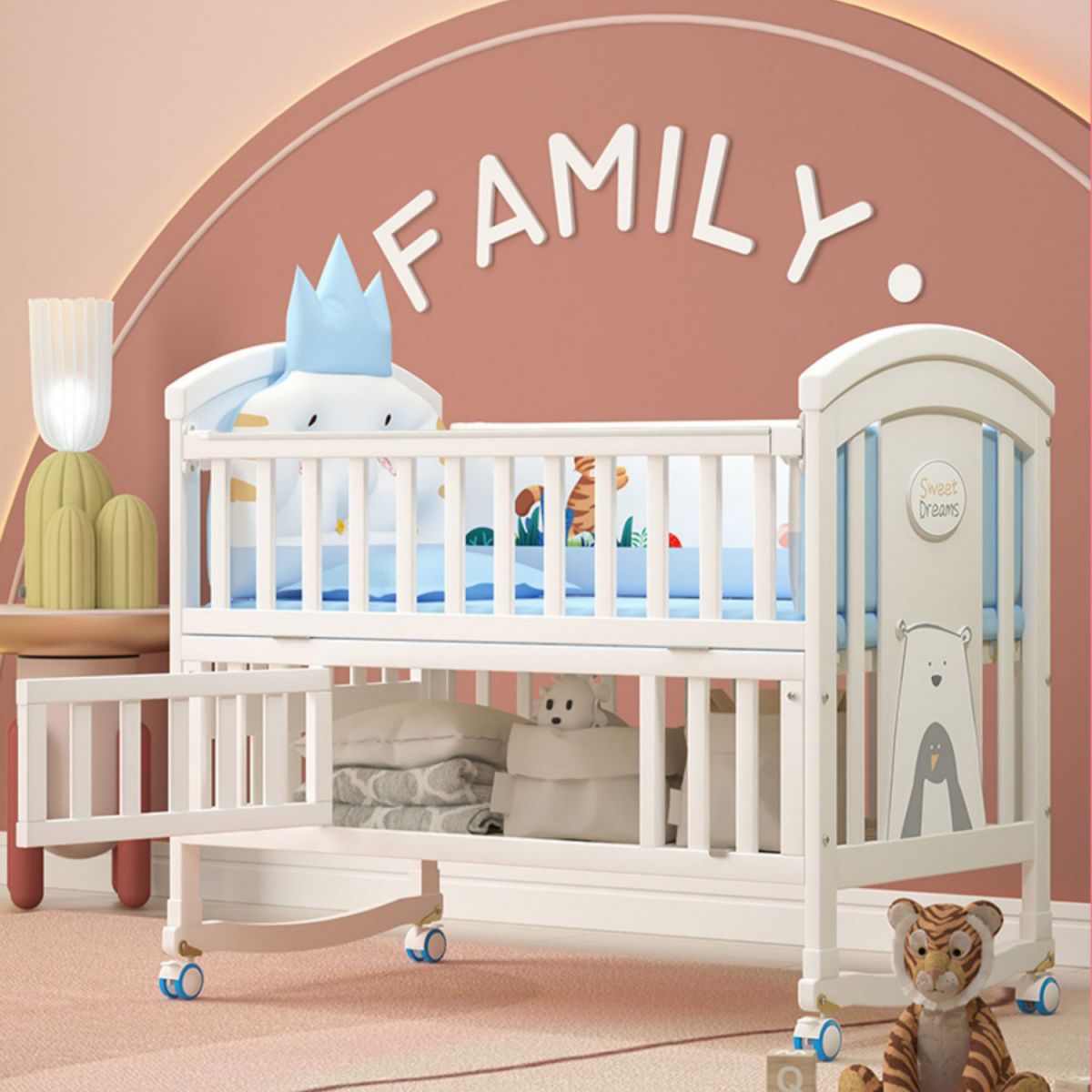 Modern Baby Crib with Guardrail and Casters Wood White Nursery Bed