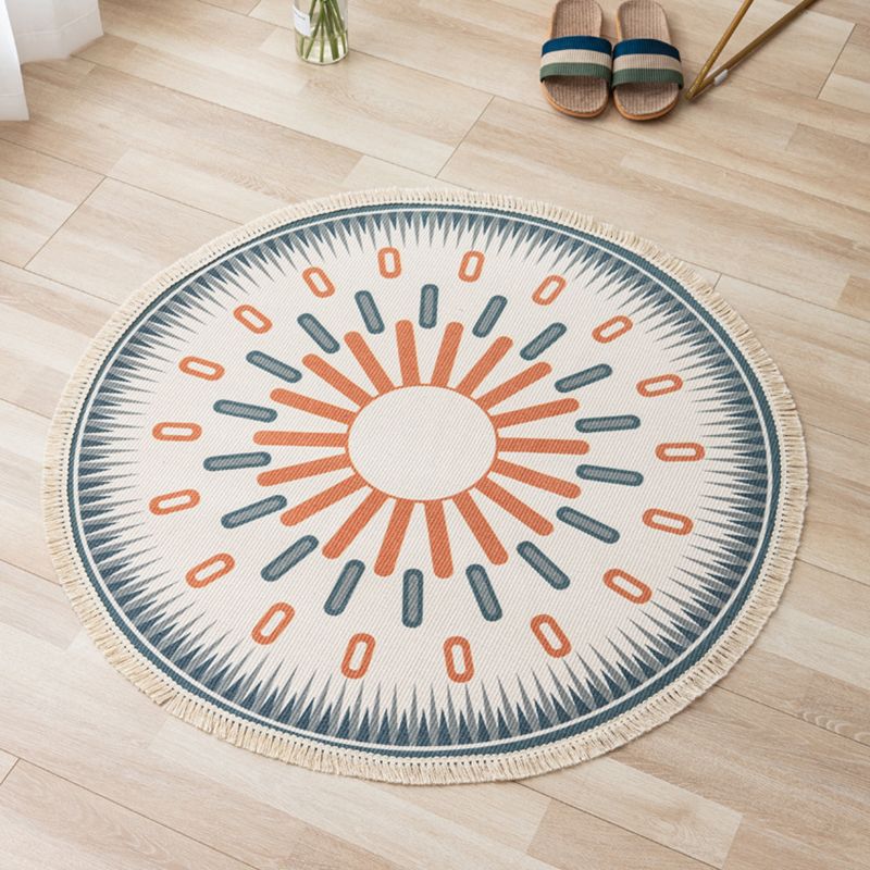 Gorgeous Floral Print Rug Moroccan Round Cotton Blend Area Rug Friendly Washable Carpet with Fringe for Living Room